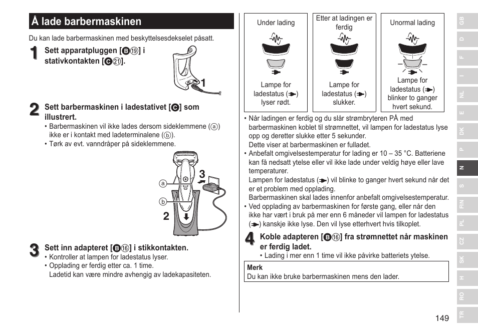 Å lade barbermaskinen | Panasonic ESST25 User Manual | Page 149 / 278