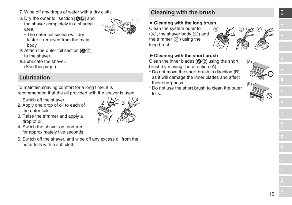 Cleaning with the brush, Lubrication | Panasonic ESST25 User Manual | Page 15 / 278