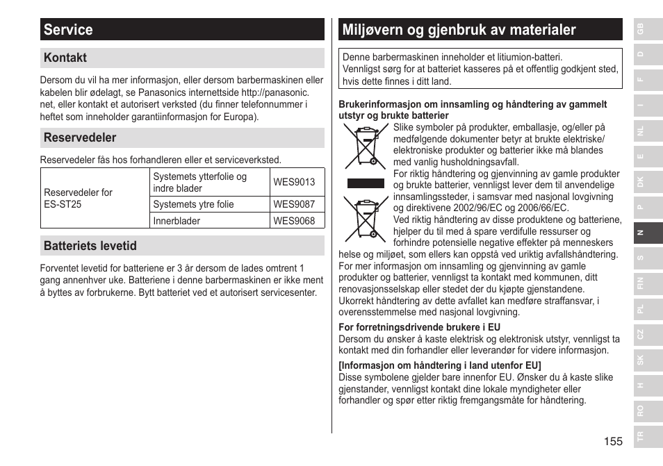 Miljøvern og gjenbruk av materialer, Service, Kontakt | Reservedeler, Batteriets levetid | Panasonic ESST25 User Manual | Page 155 / 278