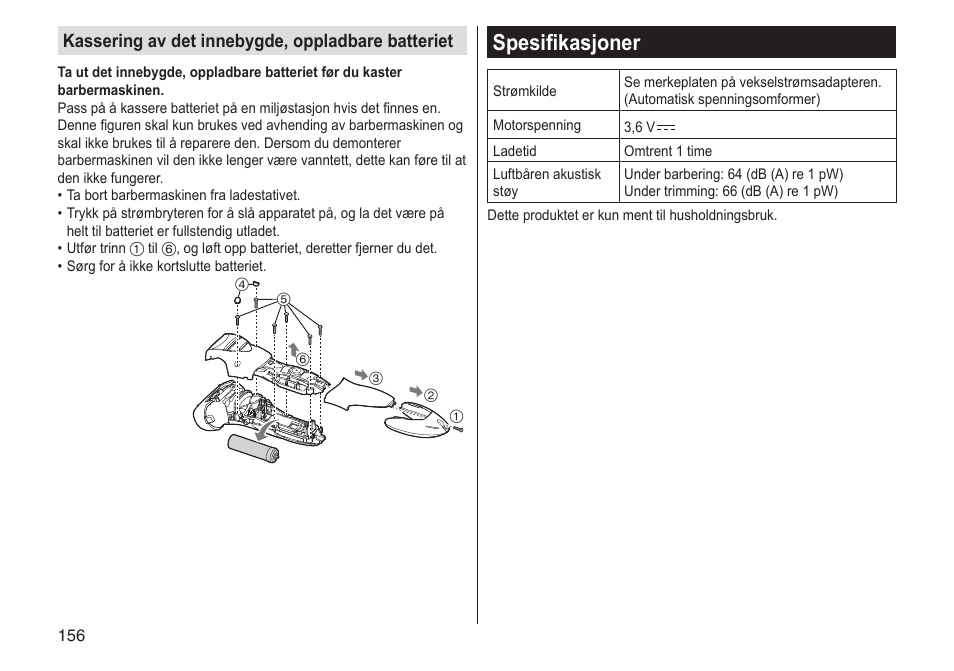 Spesifikasjoner, Kassering av det innebygde, oppladbare batteriet | Panasonic ESST25 User Manual | Page 156 / 278