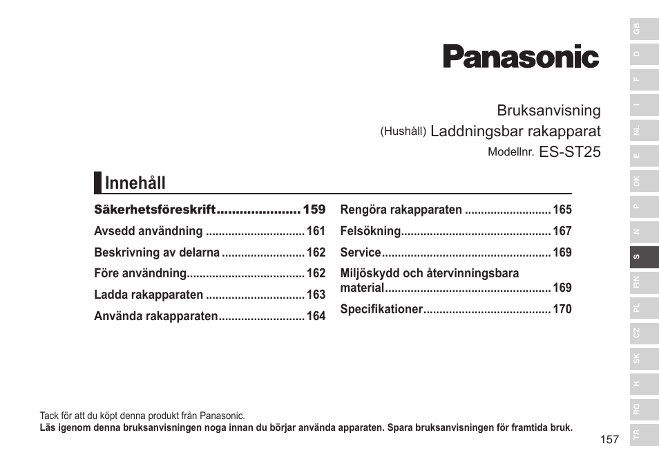 Innehåll, Bruksanvisning, Laddningsbar rakapparat | Es-st25 | Panasonic ESST25 User Manual | Page 157 / 278