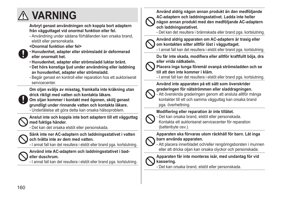 Varning | Panasonic ESST25 User Manual | Page 160 / 278