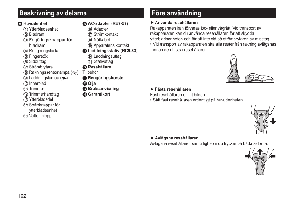 Beskrivning av delarna, Före användning | Panasonic ESST25 User Manual | Page 162 / 278