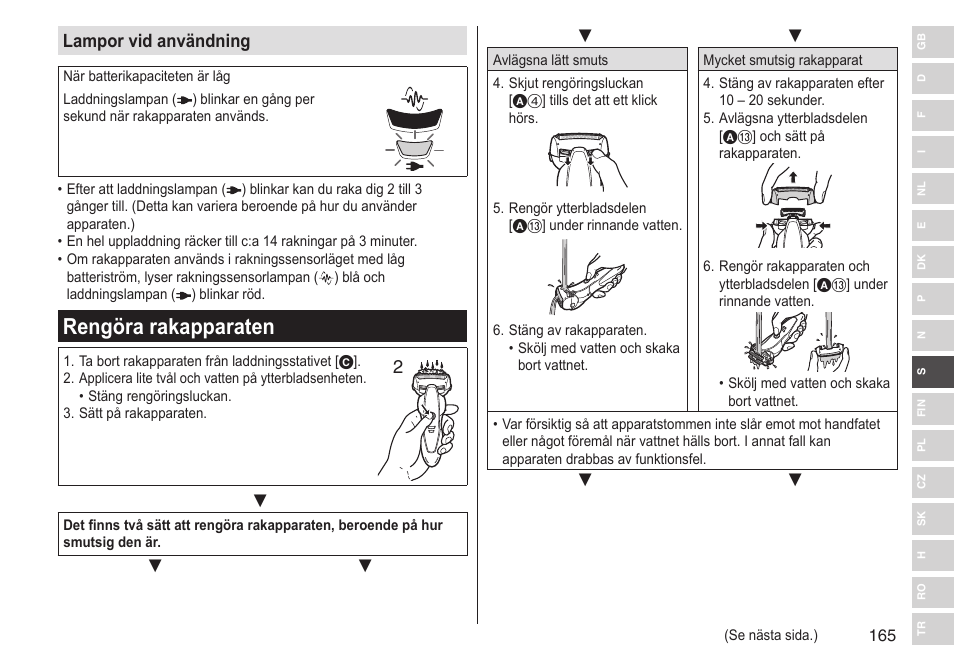 Rengöra rakapparaten, Lampor vid användning | Panasonic ESST25 User Manual | Page 165 / 278