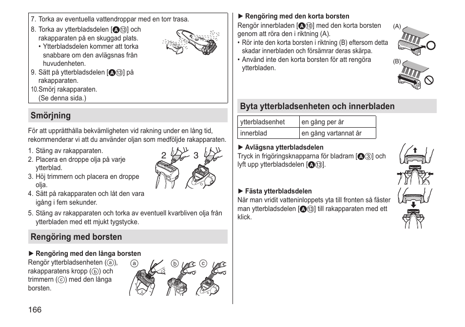 Smörjning, Rengöring med borsten, Byta ytterbladsenheten och innerbladen | Panasonic ESST25 User Manual | Page 166 / 278