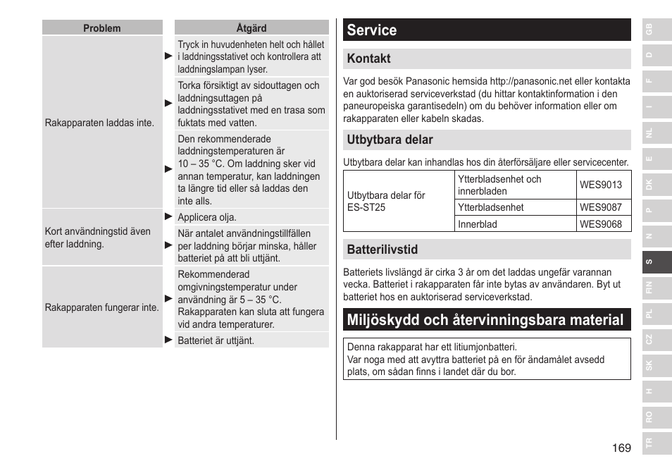 Service, Miljöskydd och återvinningsbara material, Kontakt | Utbytbara delar, Batterilivstid | Panasonic ESST25 User Manual | Page 169 / 278