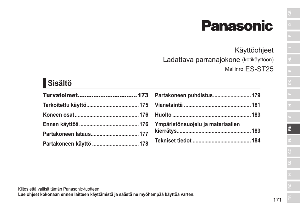 Sisältö, Käyttöohjeet ladattava parranajokone, Es-st25 | Panasonic ESST25 User Manual | Page 171 / 278