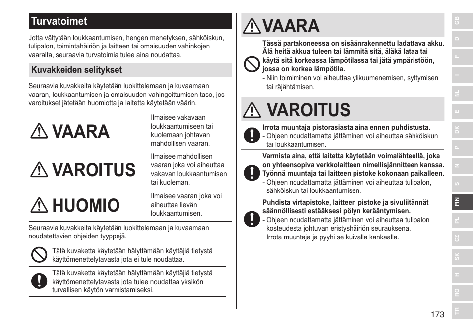 Vaara, Varoitus, Huomio | Turvatoimet | Panasonic ESST25 User Manual | Page 173 / 278