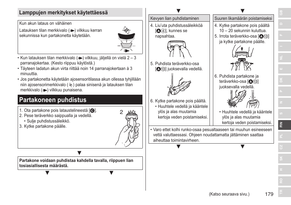 Partakoneen puhdistus, Lamppujen merkitykset käytettäessä | Panasonic ESST25 User Manual | Page 179 / 278