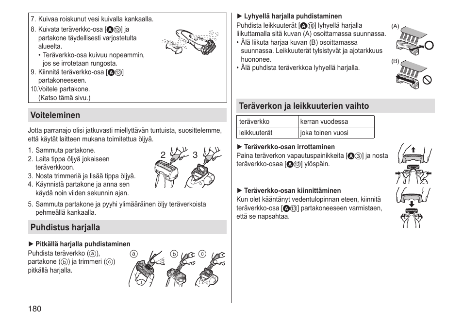 Voiteleminen, Puhdistus harjalla, Teräverkon ja leikkuuterien vaihto | Panasonic ESST25 User Manual | Page 180 / 278