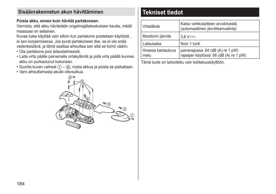 Tekniset tiedot, Sisäänrakennetun akun hävittäminen | Panasonic ESST25 User Manual | Page 184 / 278