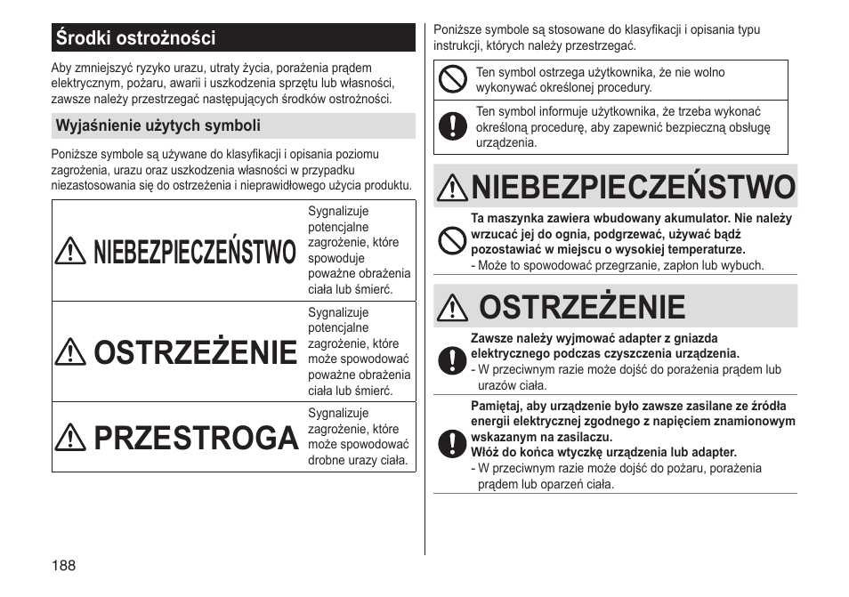 Niebezpieczeństwo, Ostrzeżenie, Przestroga | Środki ostrożności | Panasonic ESST25 User Manual | Page 188 / 278