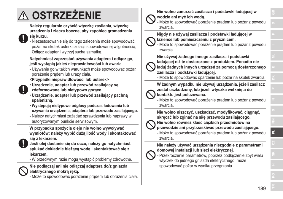 Ostrzeżenie | Panasonic ESST25 User Manual | Page 189 / 278