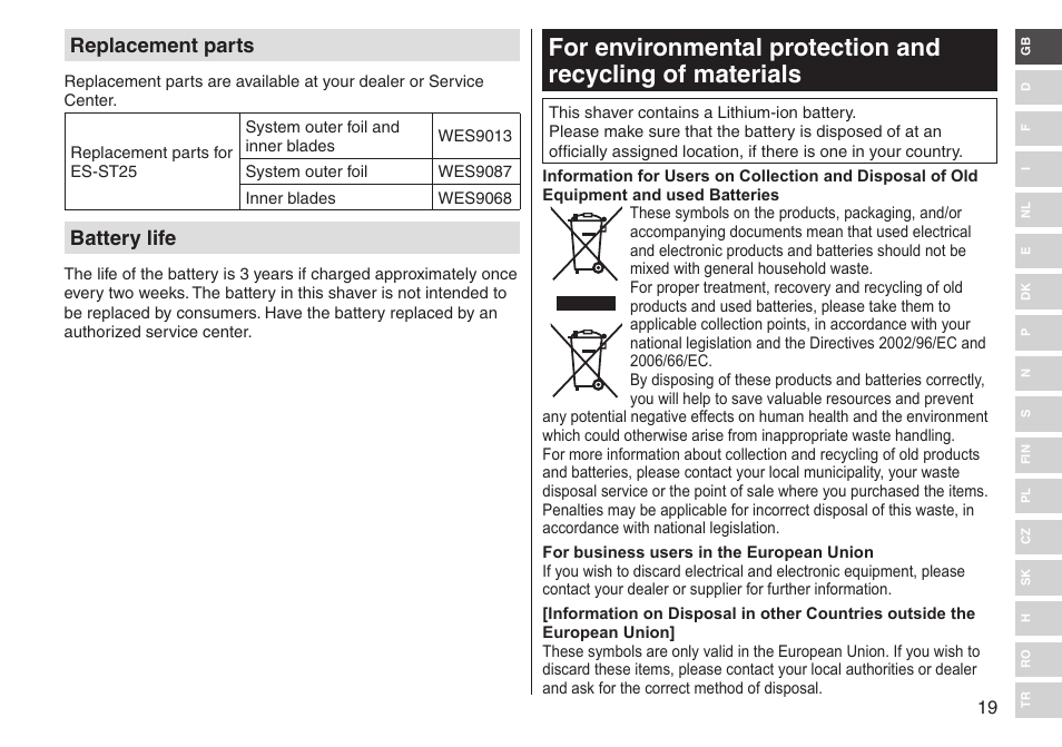 Replacement parts, Battery life | Panasonic ESST25 User Manual | Page 19 / 278