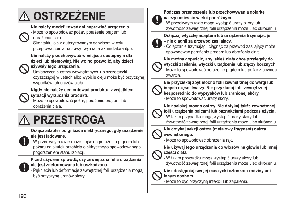 Ostrzeżenie, Przestroga | Panasonic ESST25 User Manual | Page 190 / 278