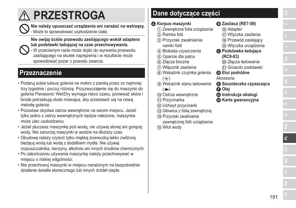 Przestroga, Przeznaczenie, Dane dotyczące części | Panasonic ESST25 User Manual | Page 191 / 278