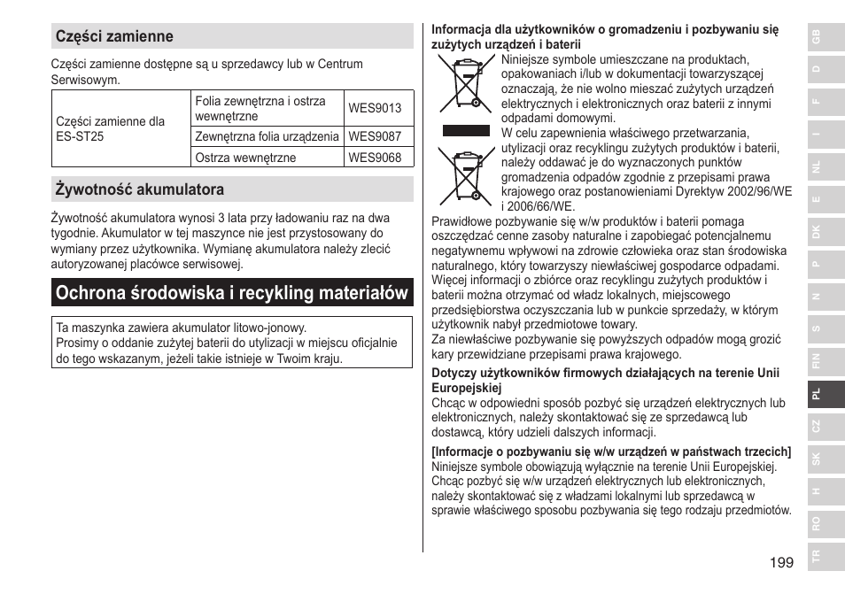 Ochrona środowiska i recykling materiałów, Części zamienne, Żywotność akumulatora | Panasonic ESST25 User Manual | Page 199 / 278