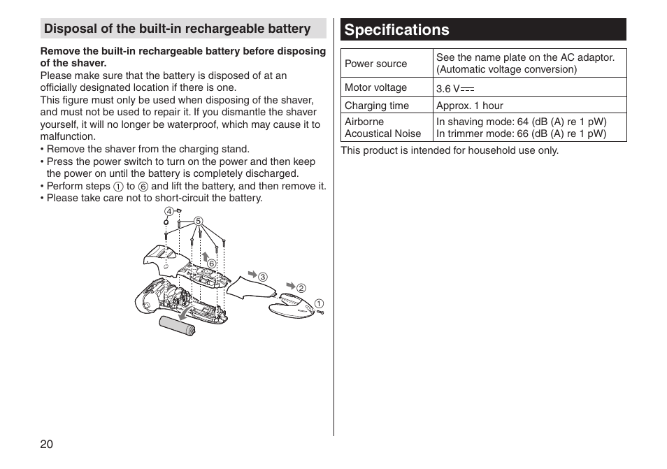 Specifications, Disposal of the built-in rechargeable battery | Panasonic ESST25 User Manual | Page 20 / 278