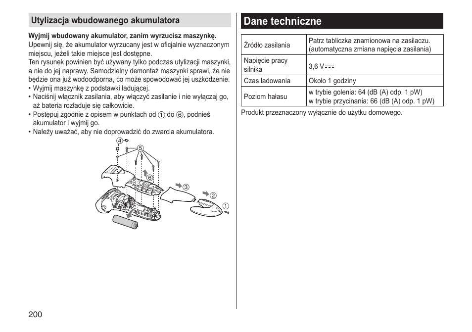 Dane techniczne, Utylizacja wbudowanego akumulatora | Panasonic ESST25 User Manual | Page 200 / 278