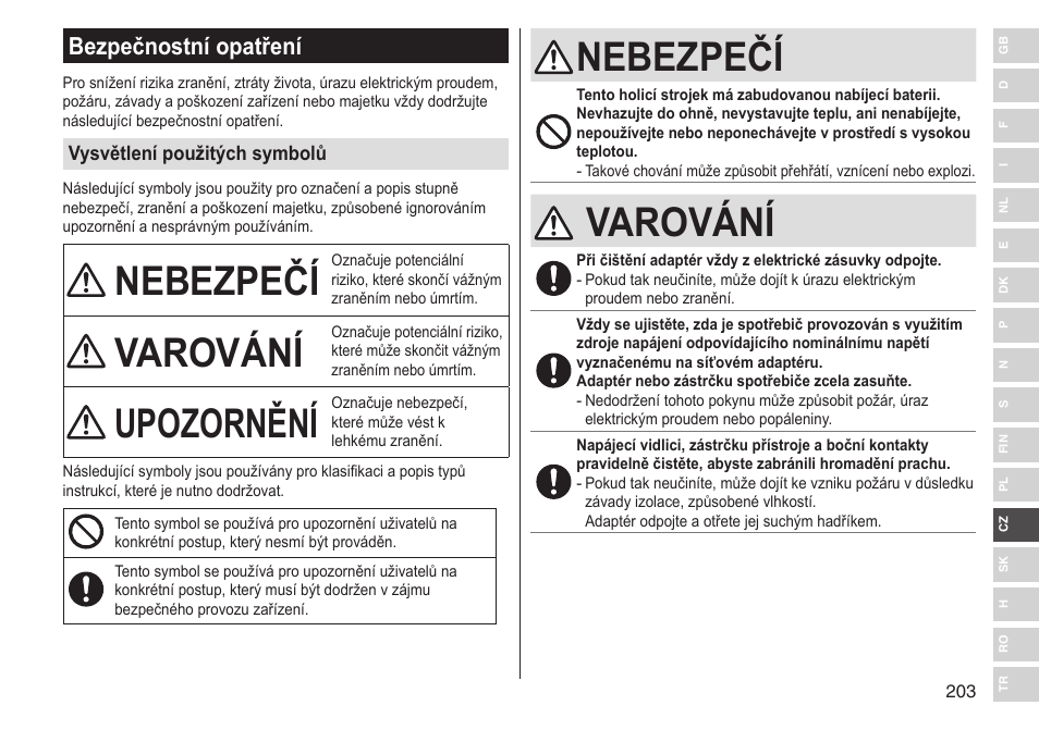 Nebezpečí, Varování, Upozornění | Bezpečnostní opatření | Panasonic ESST25 User Manual | Page 203 / 278