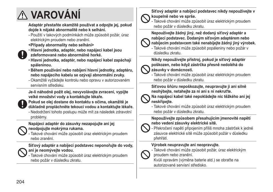 Varování | Panasonic ESST25 User Manual | Page 204 / 278