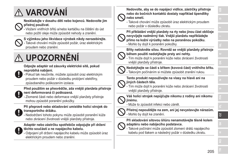 Varování, Upozornění | Panasonic ESST25 User Manual | Page 205 / 278