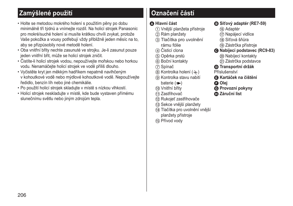 Zamýšlené použití, Označení částí | Panasonic ESST25 User Manual | Page 206 / 278