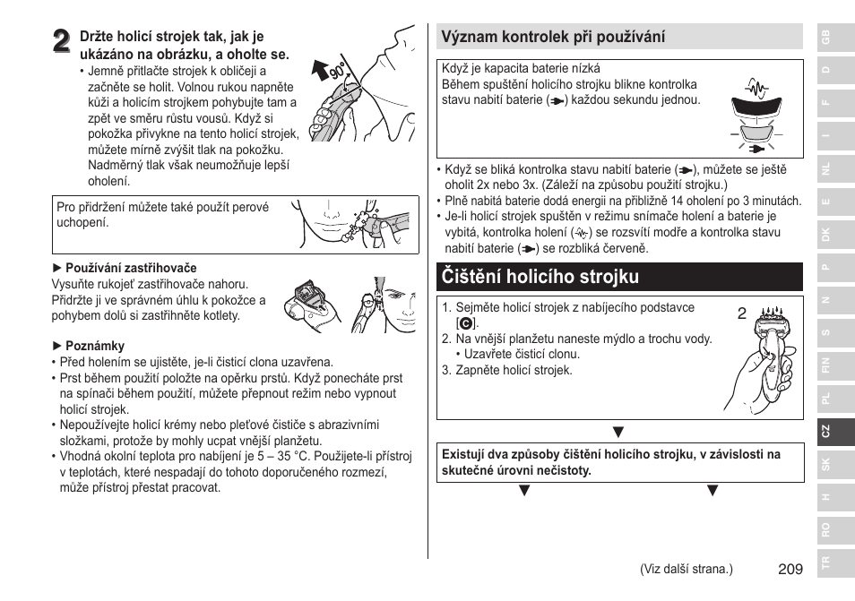 Čištění holicího strojku, Význam kontrolek při používání | Panasonic ESST25 User Manual | Page 209 / 278