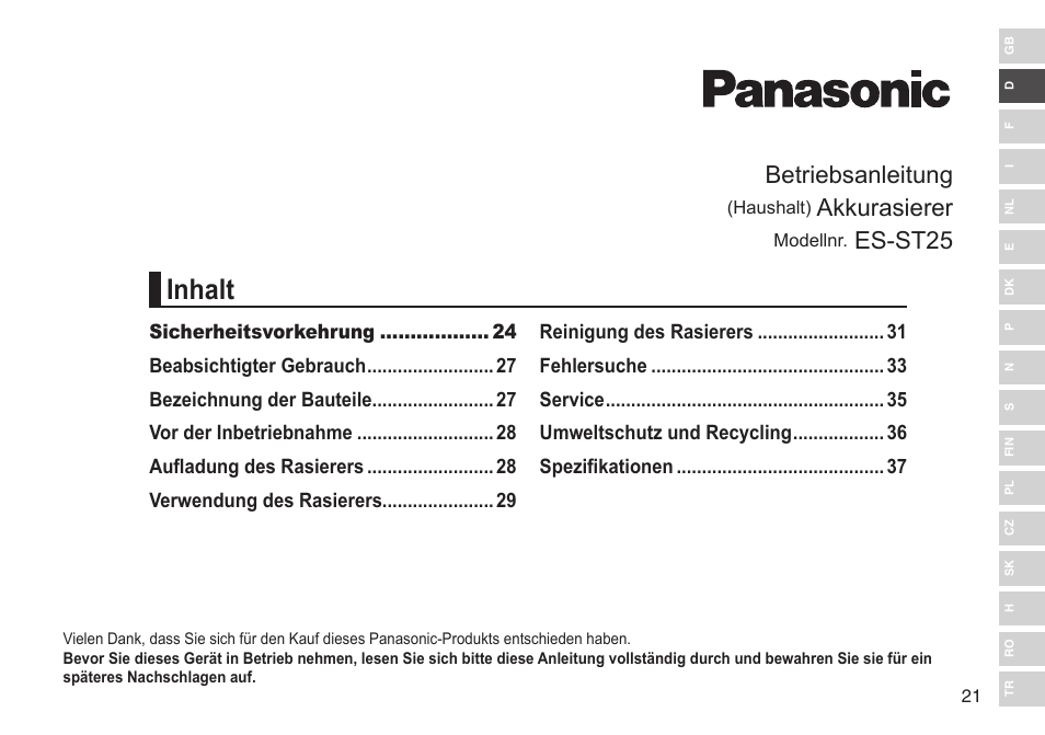 Inhalt, Betriebsanleitung, Akkurasierer | Es-st25 | Panasonic ESST25 User Manual | Page 21 / 278