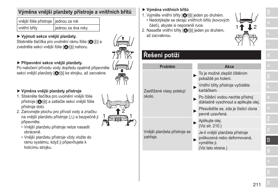 Řešení potíží, Výměna vnější planžety přístroje a vnitřních břitů | Panasonic ESST25 User Manual | Page 211 / 278