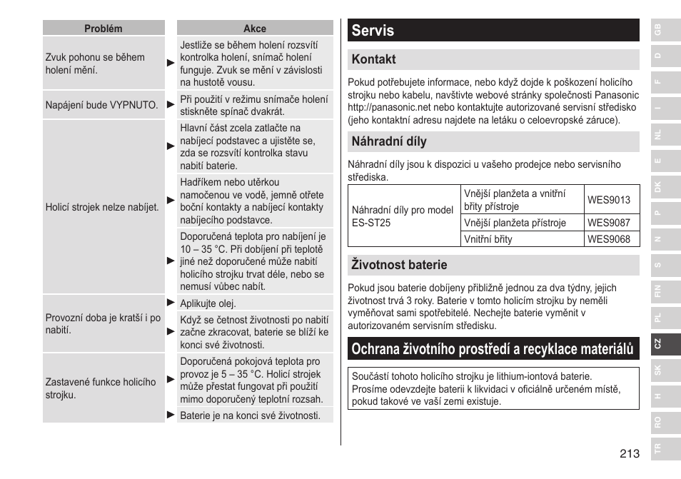 Servis, Ochrana životního prostředí a recyklace materiálů, Kontakt | Náhradní díly, Životnost baterie | Panasonic ESST25 User Manual | Page 213 / 278