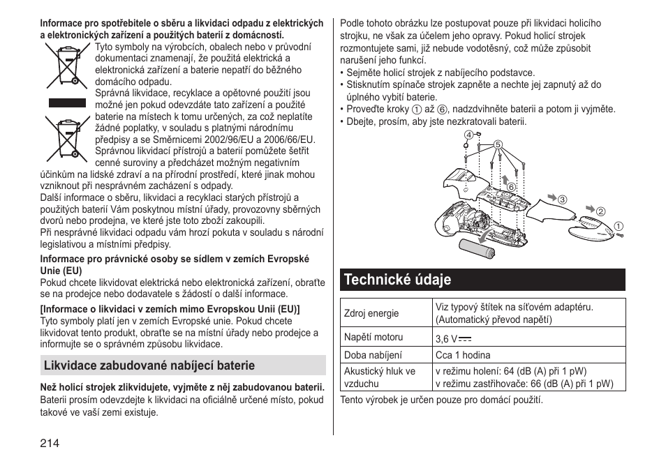 Technické údaje, Likvidace zabudované nabíjecí baterie | Panasonic ESST25 User Manual | Page 214 / 278