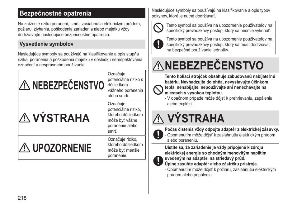 Nebezpečenstvo, Výstraha, Upozornenie | Bezpečnostné opatrenia | Panasonic ESST25 User Manual | Page 218 / 278