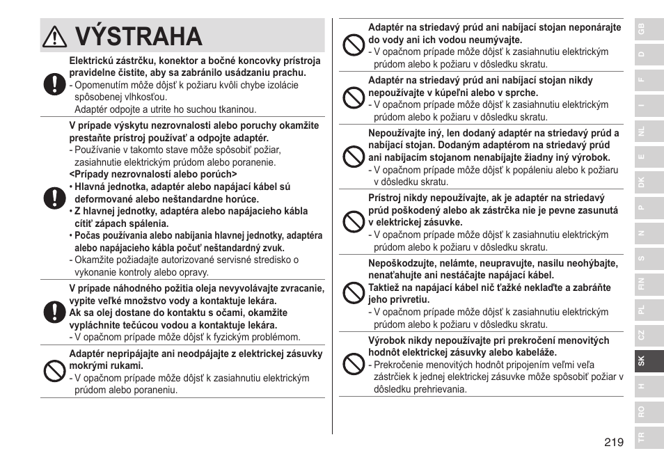 Výstraha | Panasonic ESST25 User Manual | Page 219 / 278