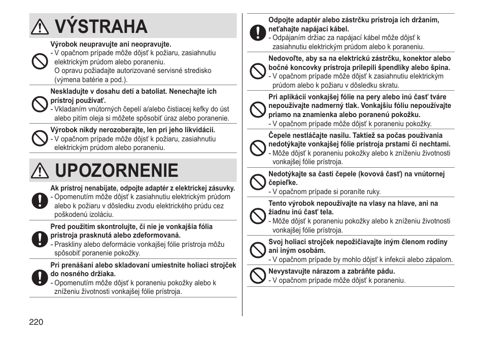 Výstraha, Upozornenie | Panasonic ESST25 User Manual | Page 220 / 278