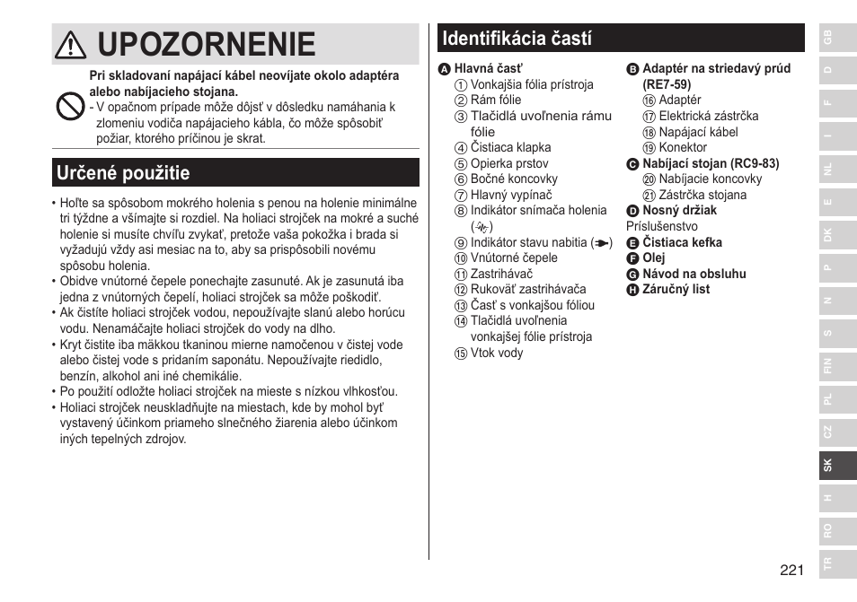 Upozornenie, Určené použitie, Identifikácia častí | Panasonic ESST25 User Manual | Page 221 / 278