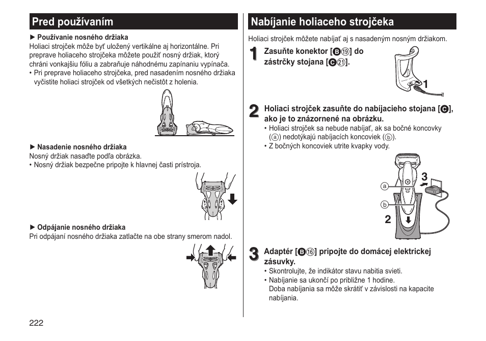 Nabíjanie holiaceho strojčeka, Pred používaním | Panasonic ESST25 User Manual | Page 222 / 278
