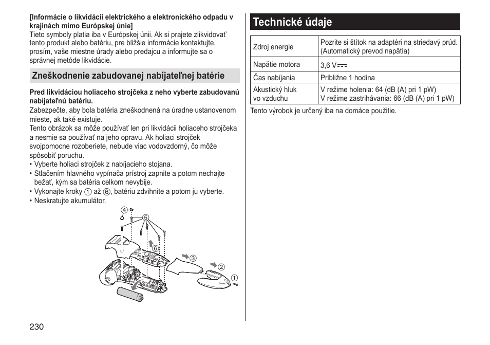 Technické údaje, Zneškodnenie zabudovanej nabíjateľnej batérie | Panasonic ESST25 User Manual | Page 230 / 278