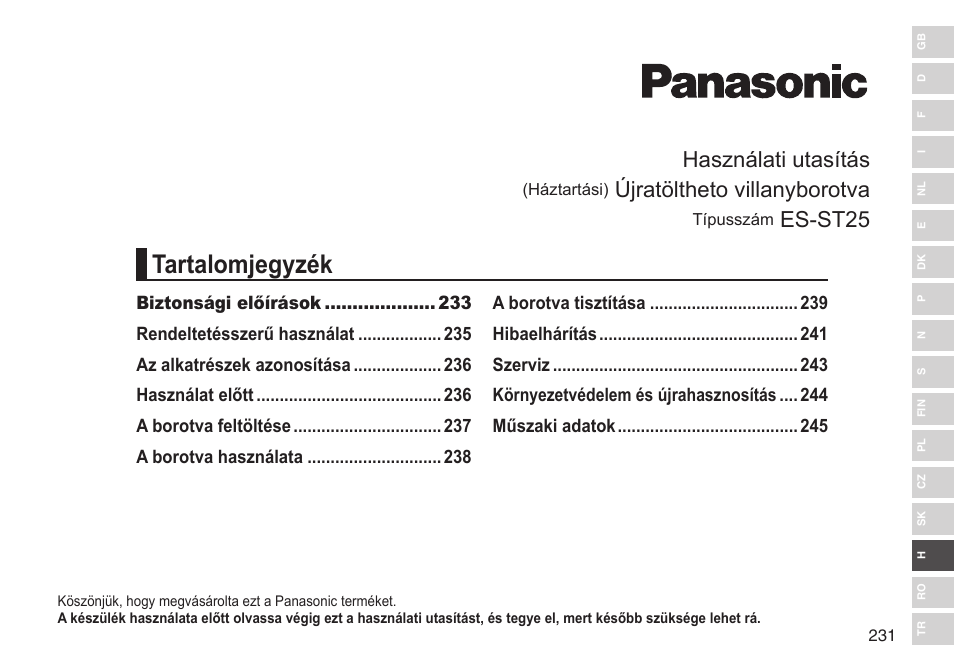 Tartalomjegyzék, Használati utasítás, Újratöltheto villanyborotva | Es-st25 | Panasonic ESST25 User Manual | Page 231 / 278