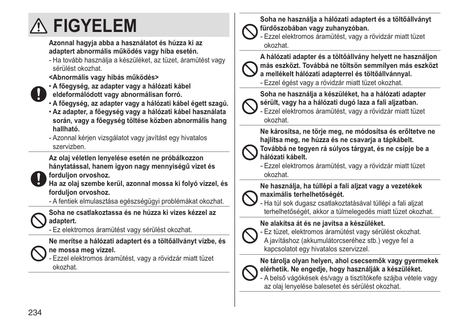 Figyelem | Panasonic ESST25 User Manual | Page 234 / 278