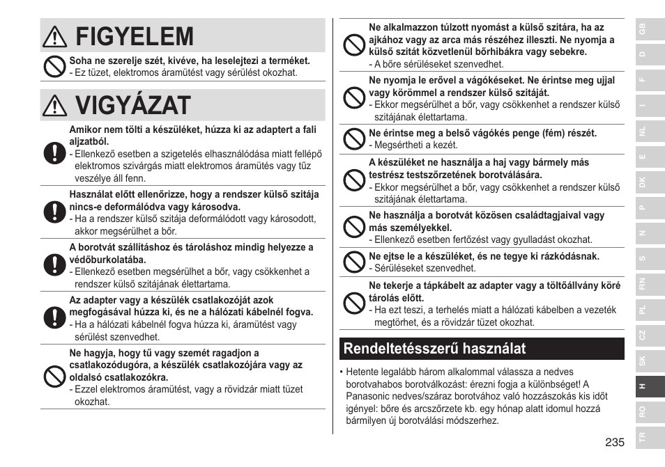 Figyelem, Vigyázat, Rendeltetésszerű használat | Panasonic ESST25 User Manual | Page 235 / 278