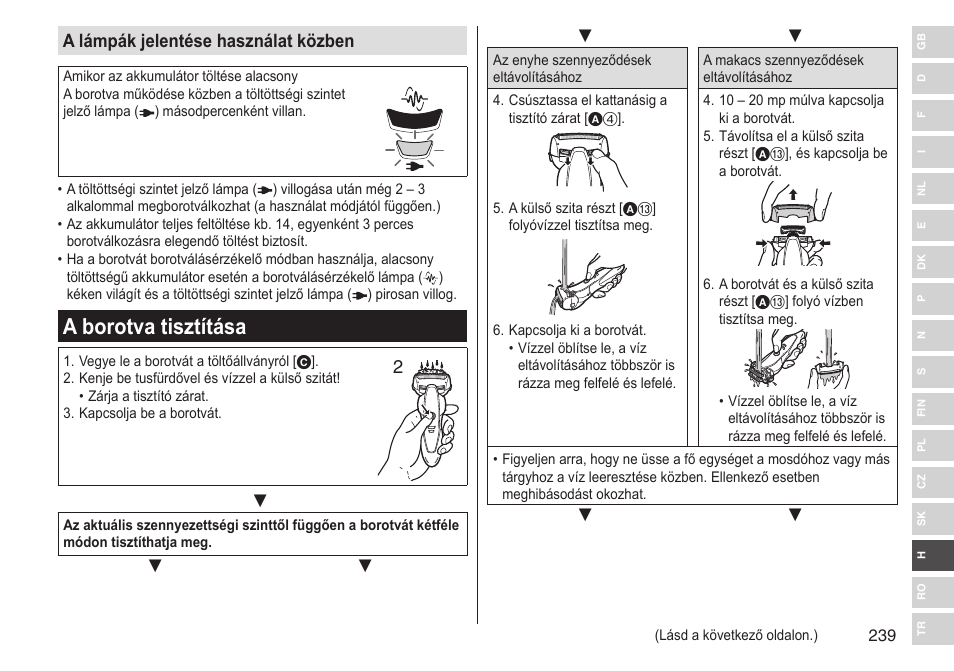 A borotva tisztítása, A lámpák jelentése használat közben | Panasonic ESST25 User Manual | Page 239 / 278