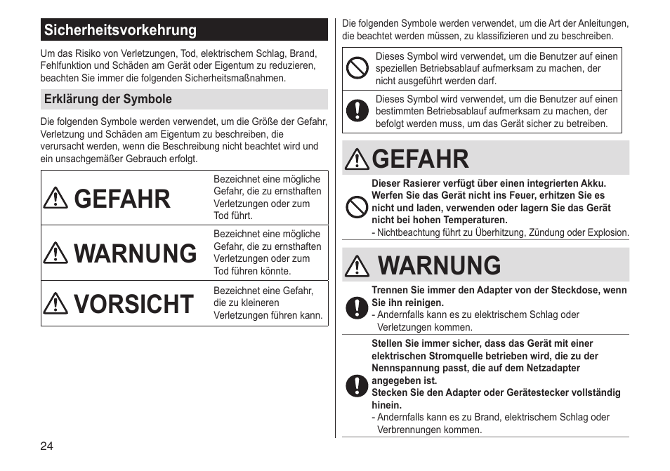 Gefahr, Warnung, Vorsicht | Sicherheitsvorkehrung | Panasonic ESST25 User Manual | Page 24 / 278