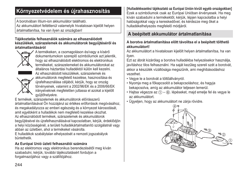 Környezetvédelem és újrahasznosítás, A beépített akkumulátor ártalmatlanítása | Panasonic ESST25 User Manual | Page 244 / 278