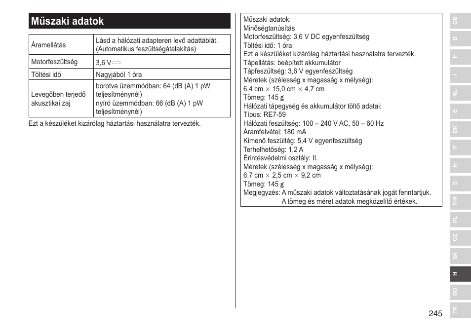 Műszaki adatok | Panasonic ESST25 User Manual | Page 245 / 278