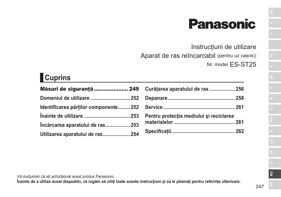 Cuprins, Es-st25 | Panasonic ESST25 User Manual | Page 247 / 278