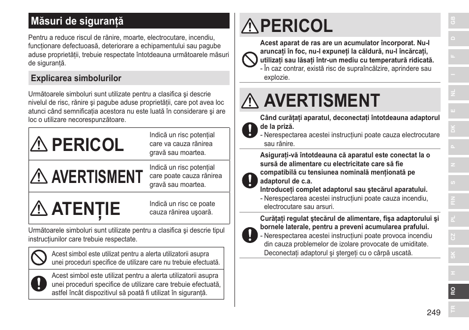 Pericol, Avertisment, Atenţie | Măsuri de siguranţă | Panasonic ESST25 User Manual | Page 249 / 278