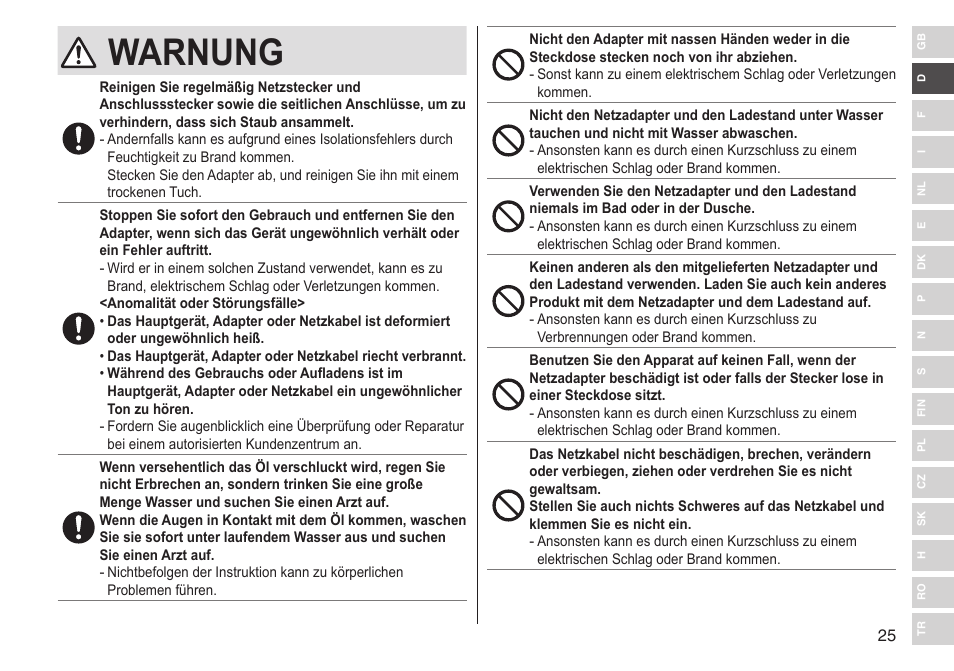 Warnung | Panasonic ESST25 User Manual | Page 25 / 278