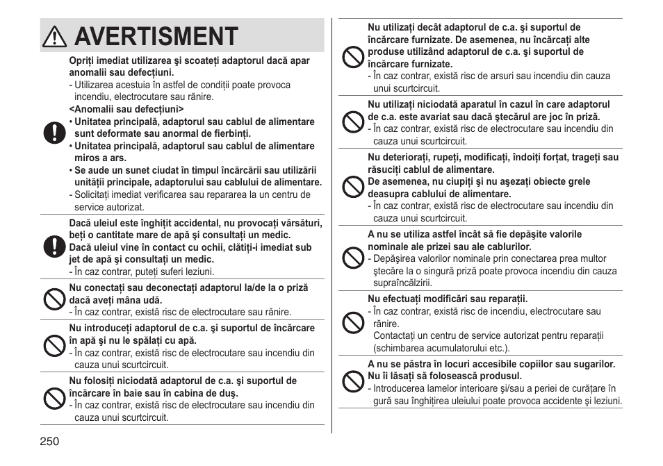 Avertisment | Panasonic ESST25 User Manual | Page 250 / 278
