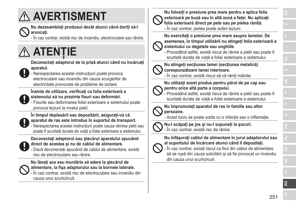 Avertisment, Atenţie | Panasonic ESST25 User Manual | Page 251 / 278